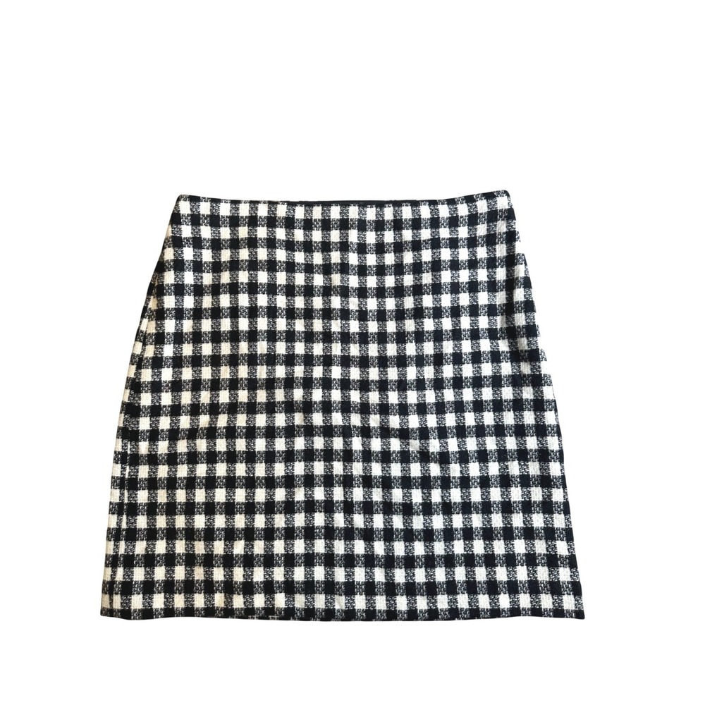 Talbots Women's Black White Buffalo Check Wool Blend Tweed Mini Skirt Size 12